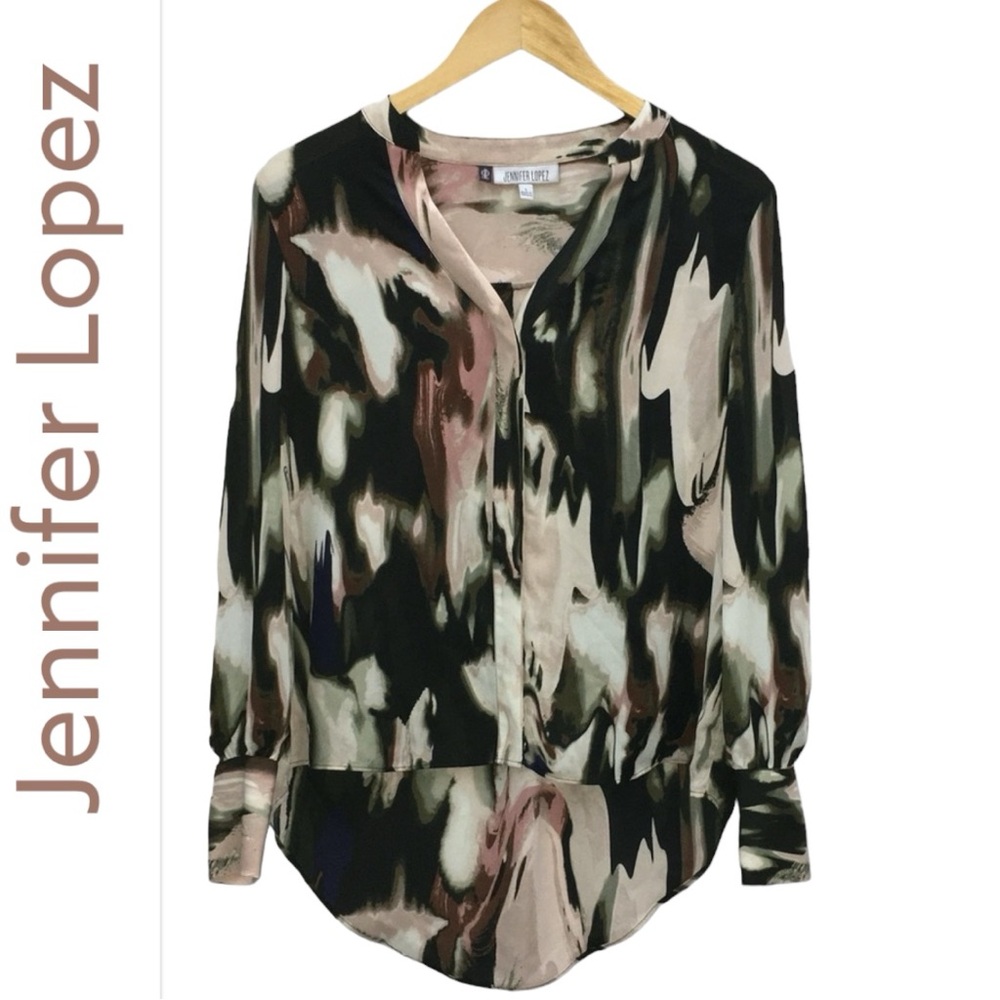 Jennifer Lopez  Multicolor Water Color Laced Sleeves Hi Lo Top - Women’s Small